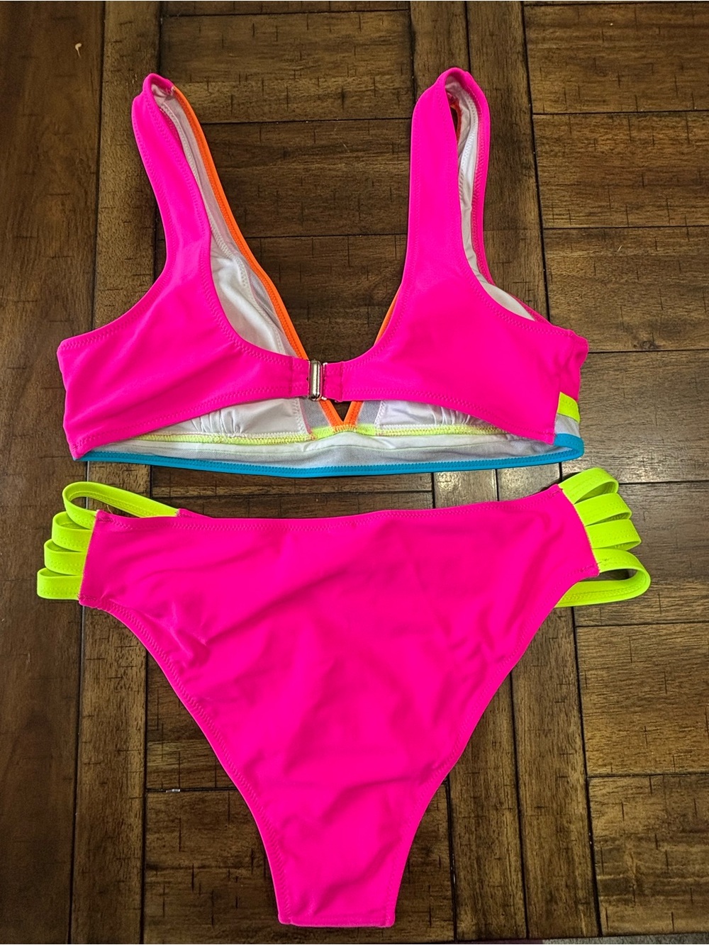 Neon Pink & Lime Two-Piece Bikini Set, top is size L, bottoms size XL - Picture 6 of 6